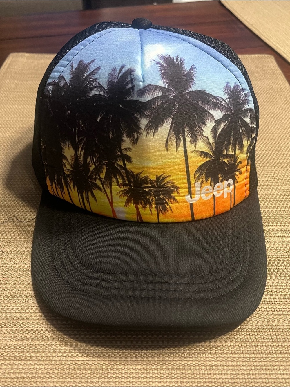 Jeep Black Trucker Hat mesh snap back new Sunset Palm Print
